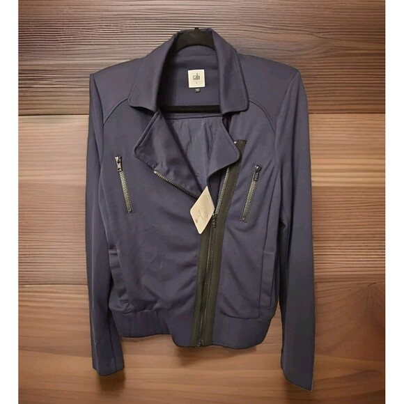 Cabi Chance Jacket Navy Pleated Back Asymmetrical Moto Zip Jacket NWT SZ SMALL - Picture 1 of 10